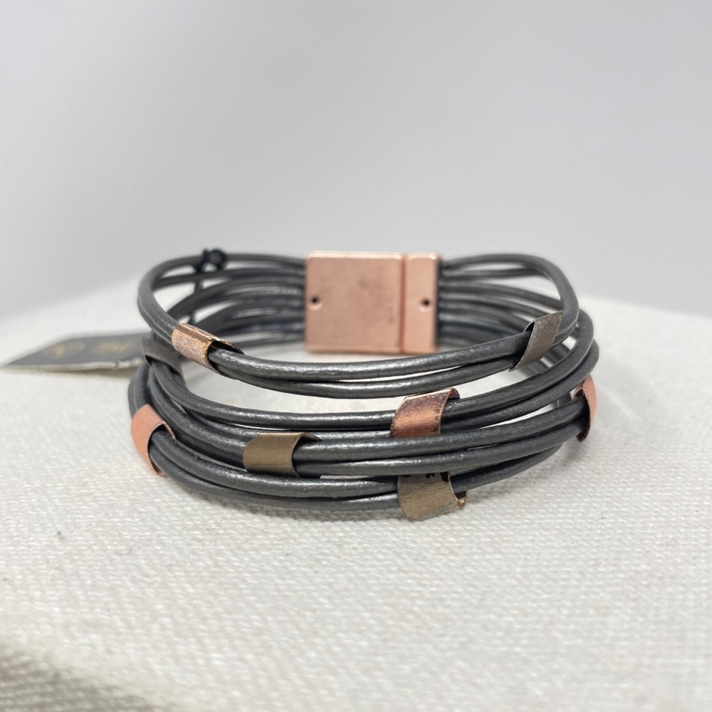 Leather & Copper Bracelet Multi-Strand Charcoal Gray Magnetic Closure Tres Chic